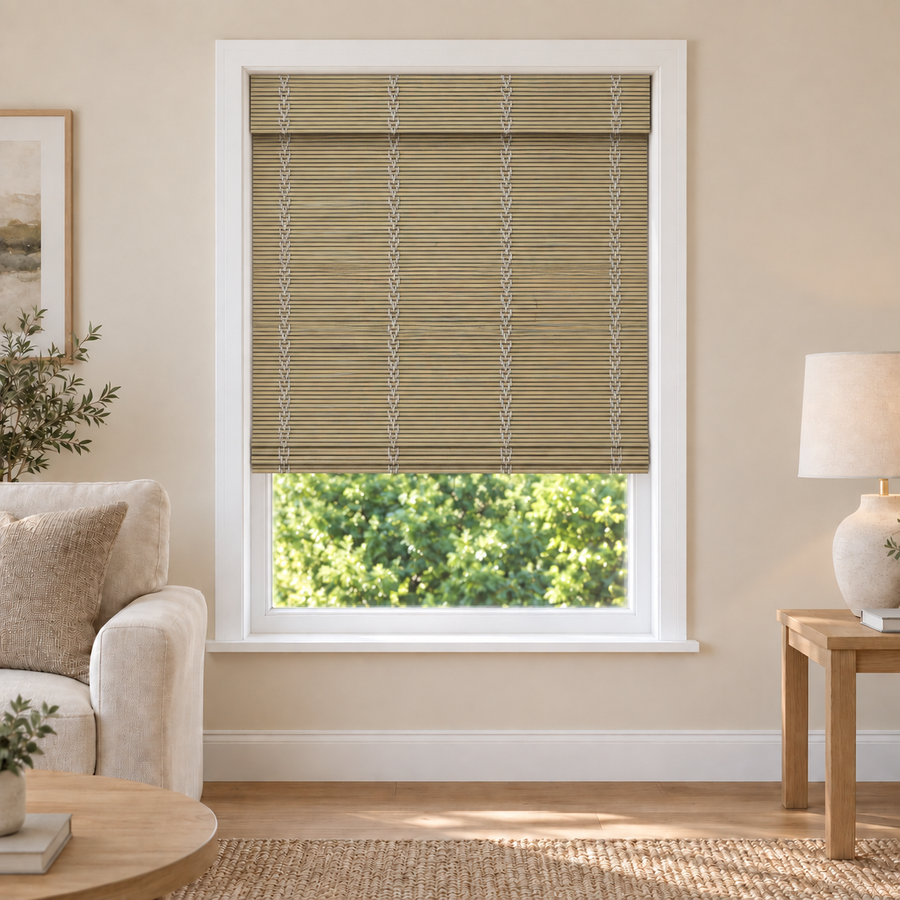 Orelle Edit 10321 woven shade in a furnished American living room