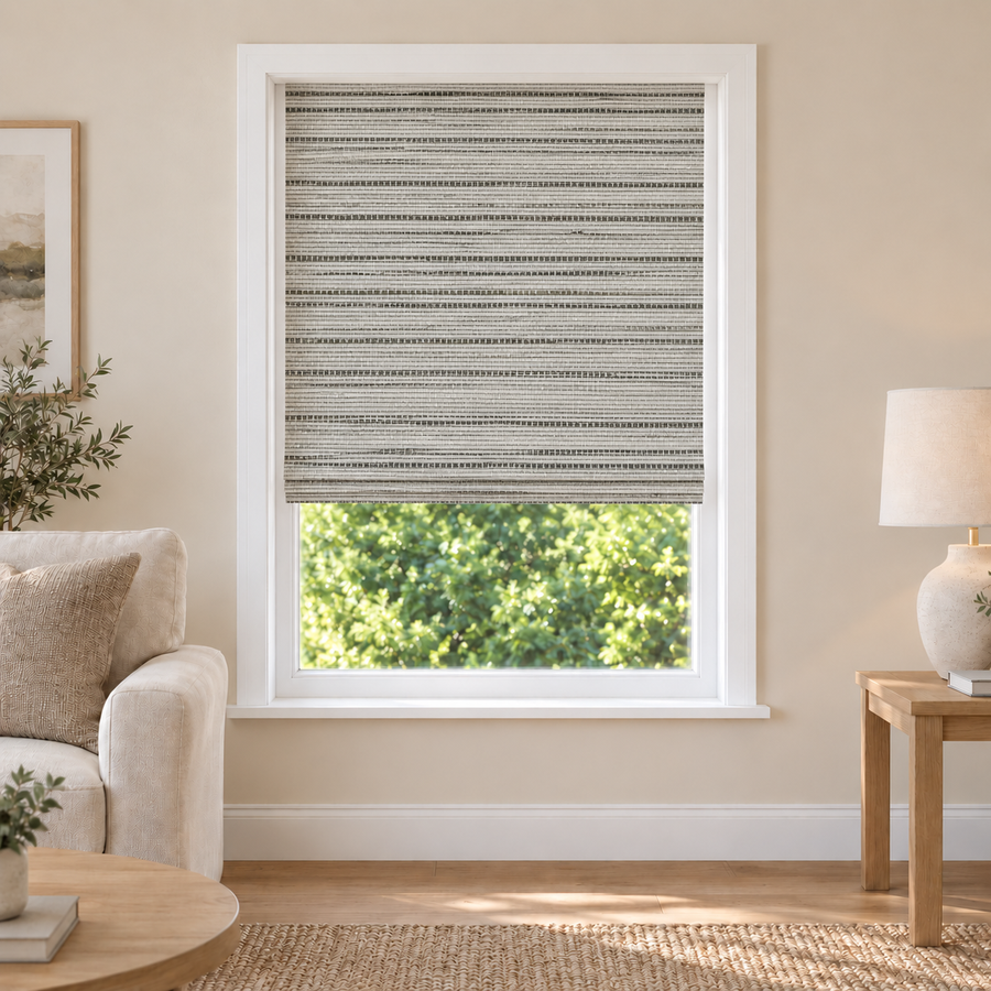 Natural NU10 woven shade in a furnished American living room
