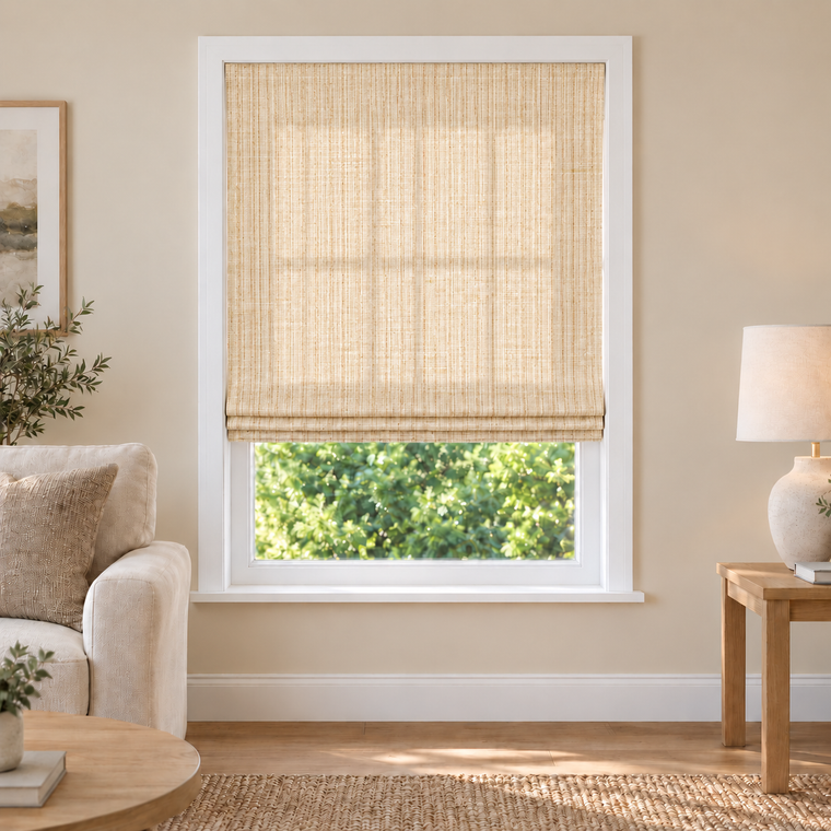 Fredesigner NU05 woven shade in a furnished American living room