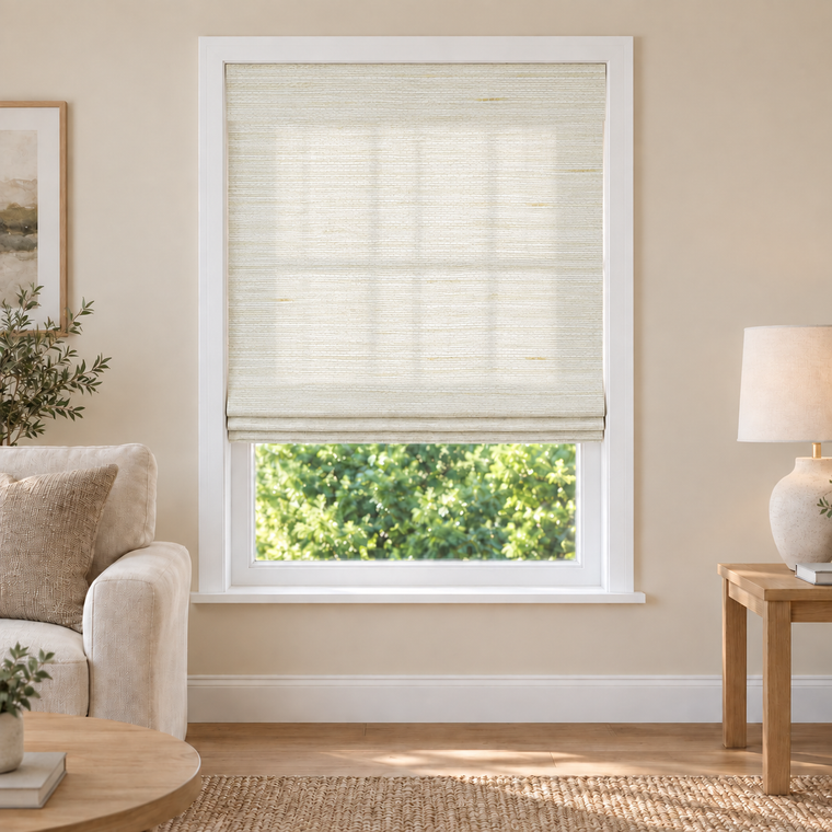 Fredesigner NU02 woven shade in a furnished American living room