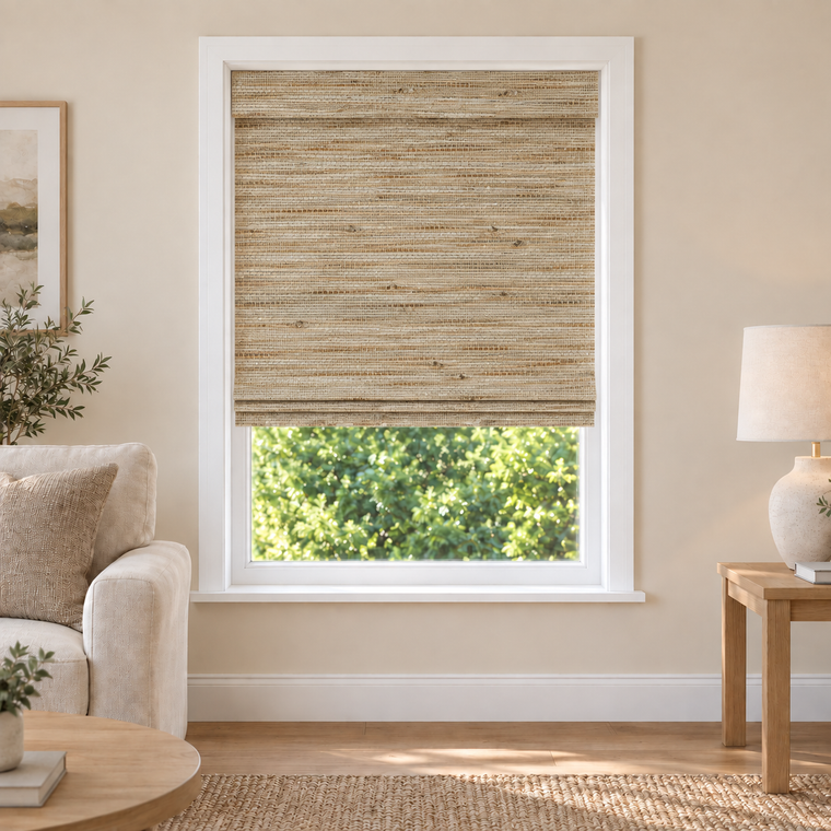 Tessora Edit 390 woven shade in a furnished American living room