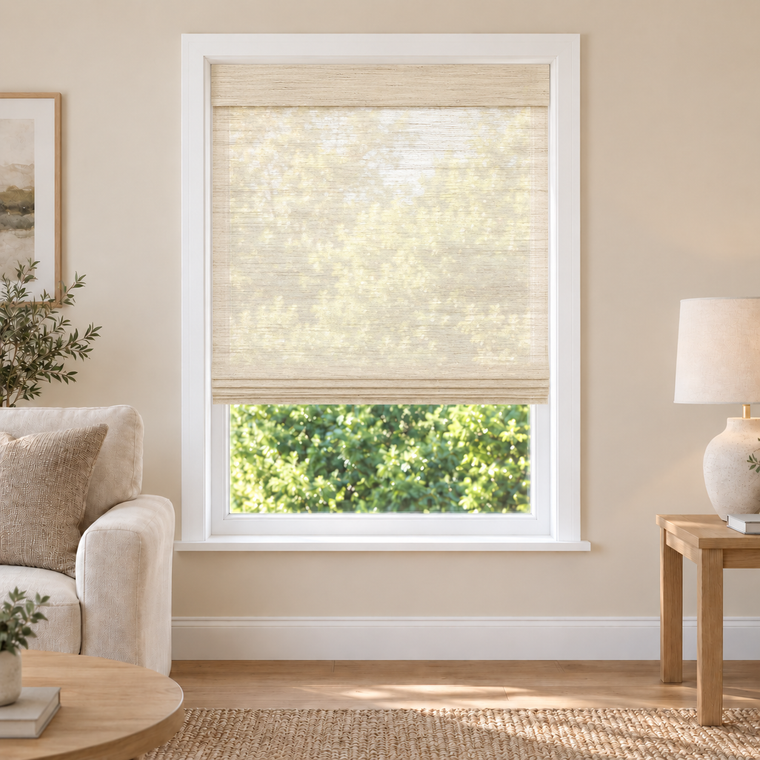 Tessora Edit D1101 woven shade in a furnished American living room