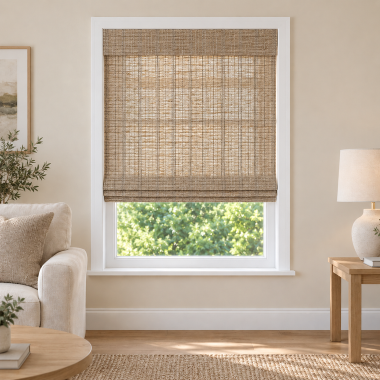 Tessora Edit 0833N woven shade in a furnished American living room