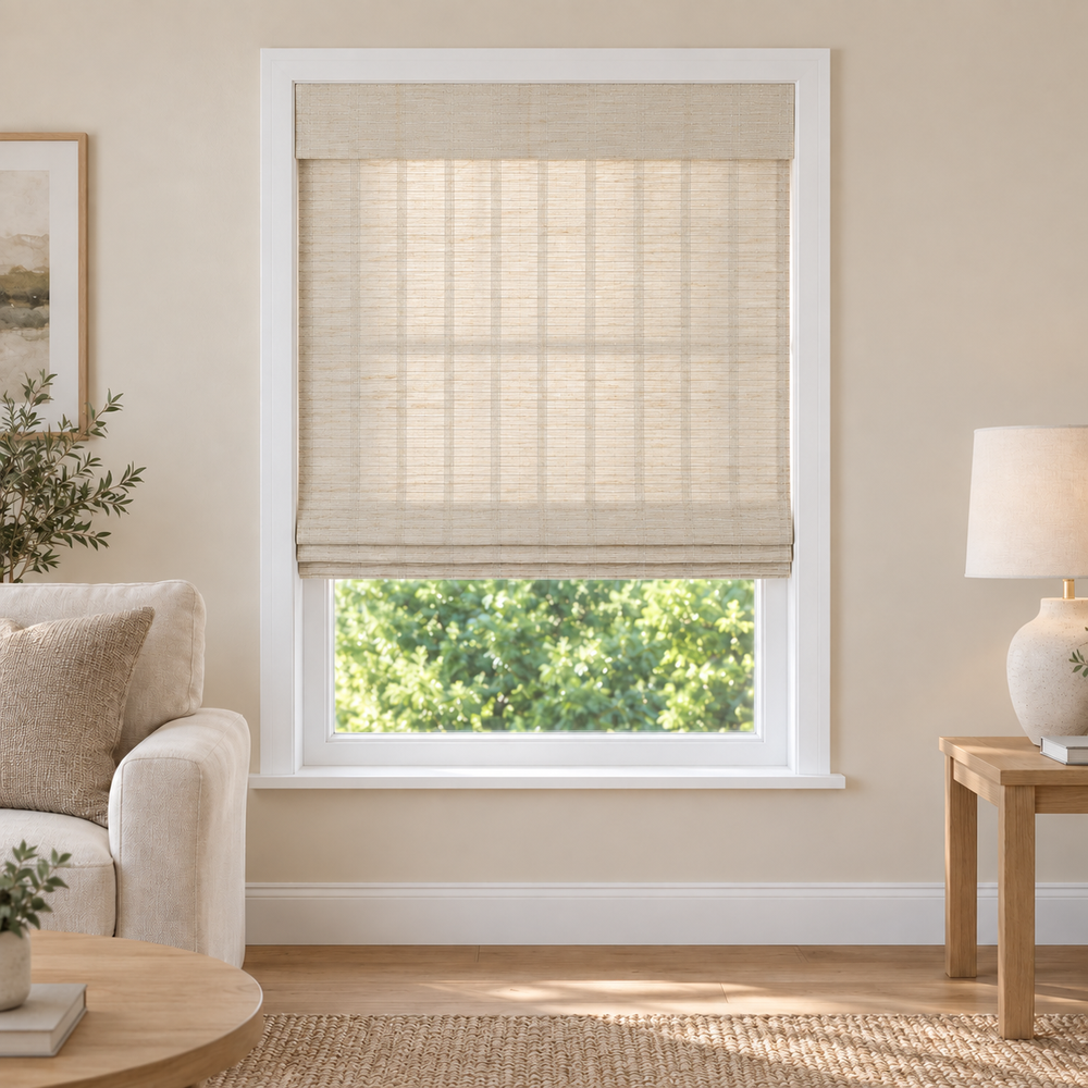Tessora Edit D1302 woven shade in a furnished American living room