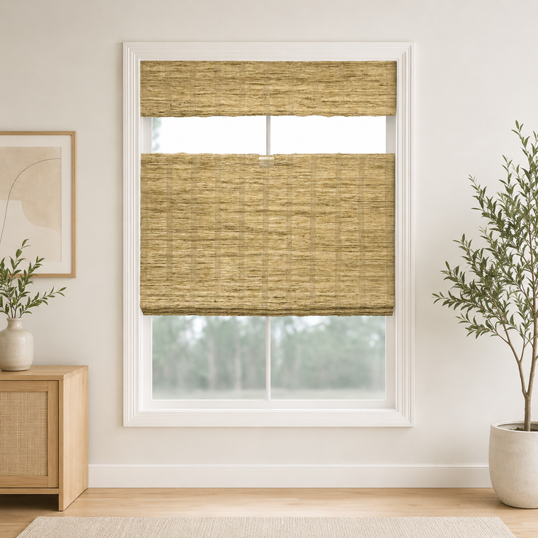Custom Ramie Almond Top Down Bottom Up Bamboo Shades - Almond E427