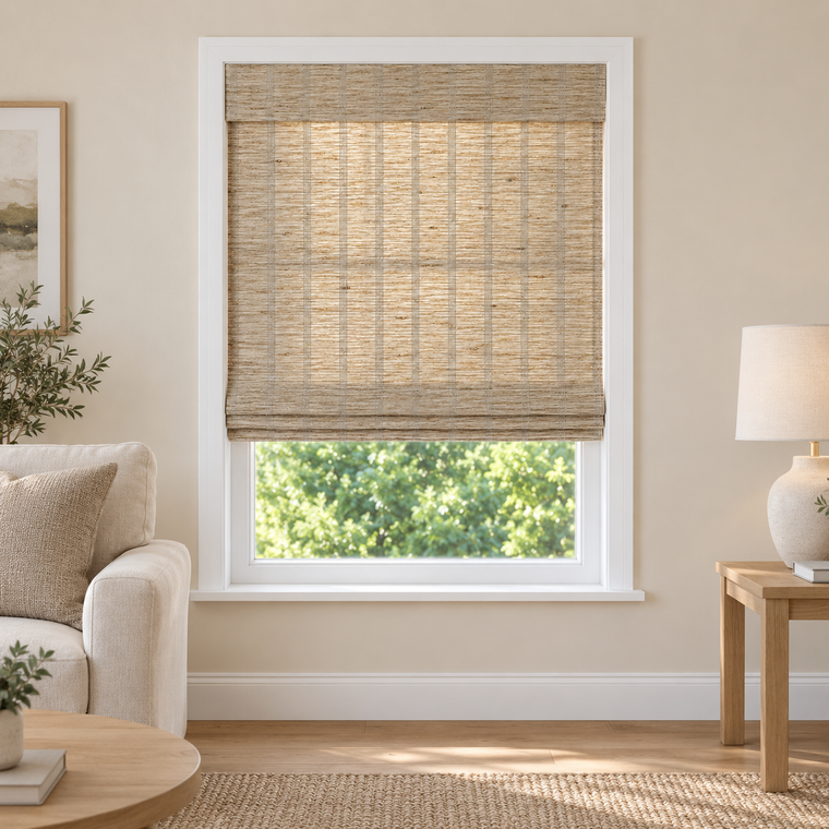 Tessora Edit E427 woven shade in a furnished American living room
