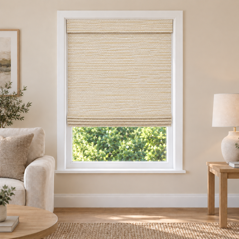 Velune Edit W077 woven shade in a furnished American living room