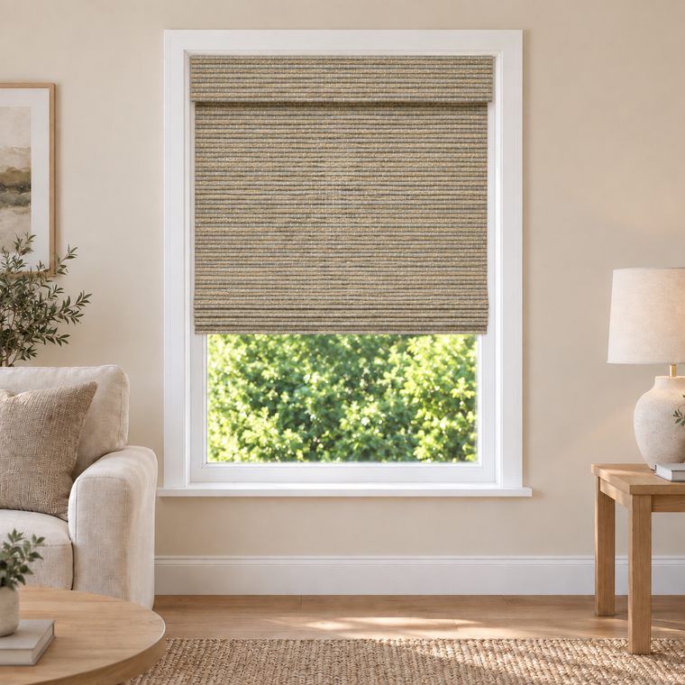 Velune Edit W072 woven shade in a furnished American living room