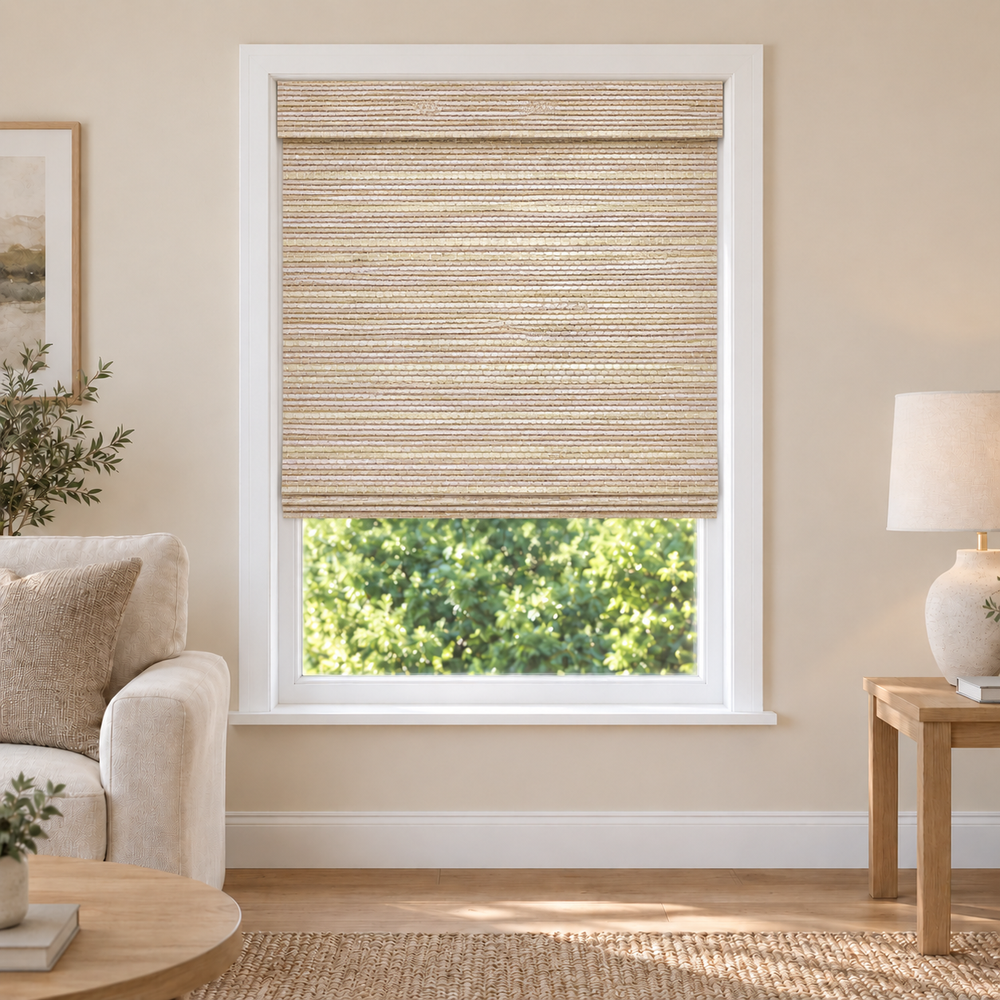 Velune Edit W078 woven shade in a furnished American living room