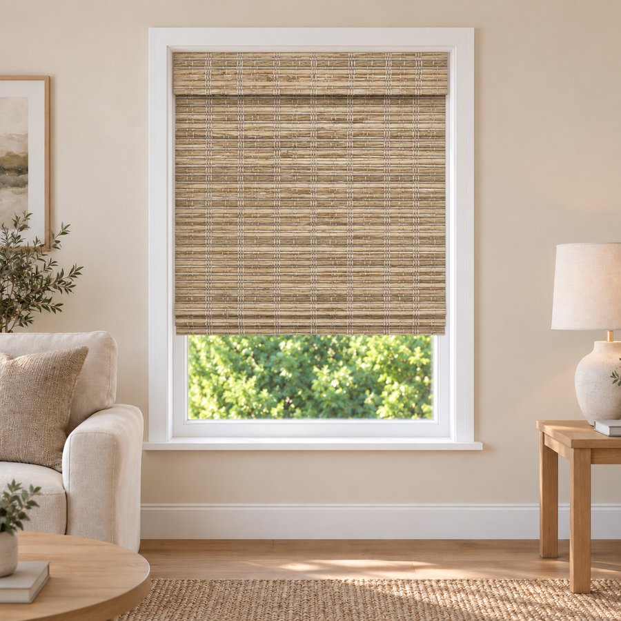 Velune Edit W073 woven shade in a furnished American living room
