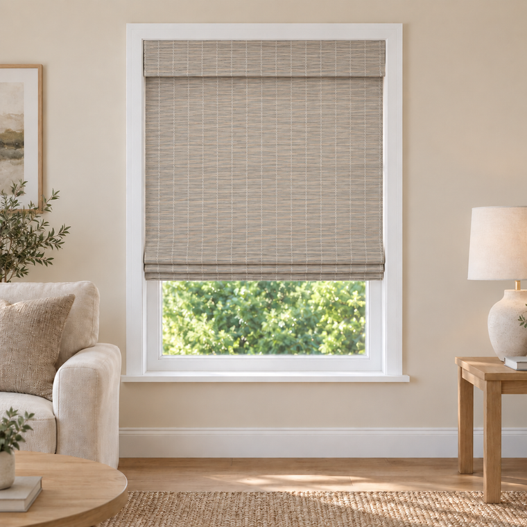Orelle Edit 10322 woven shade in a furnished American living room