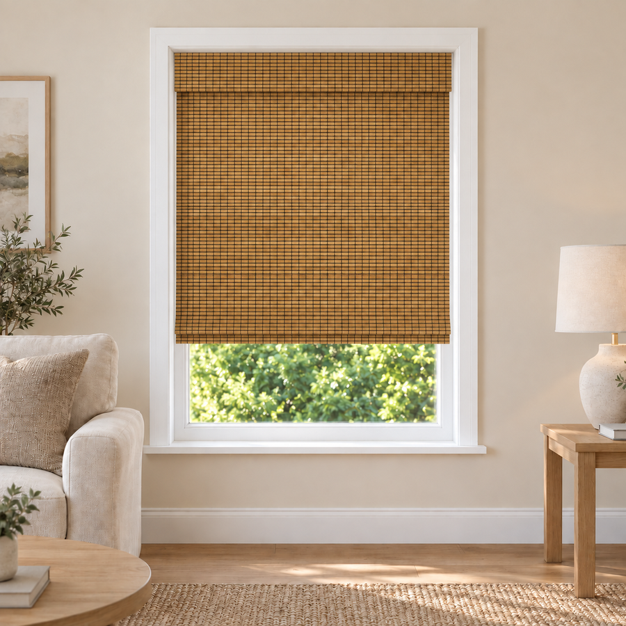 Orelle Edit DXP03 woven shade in a furnished American living room