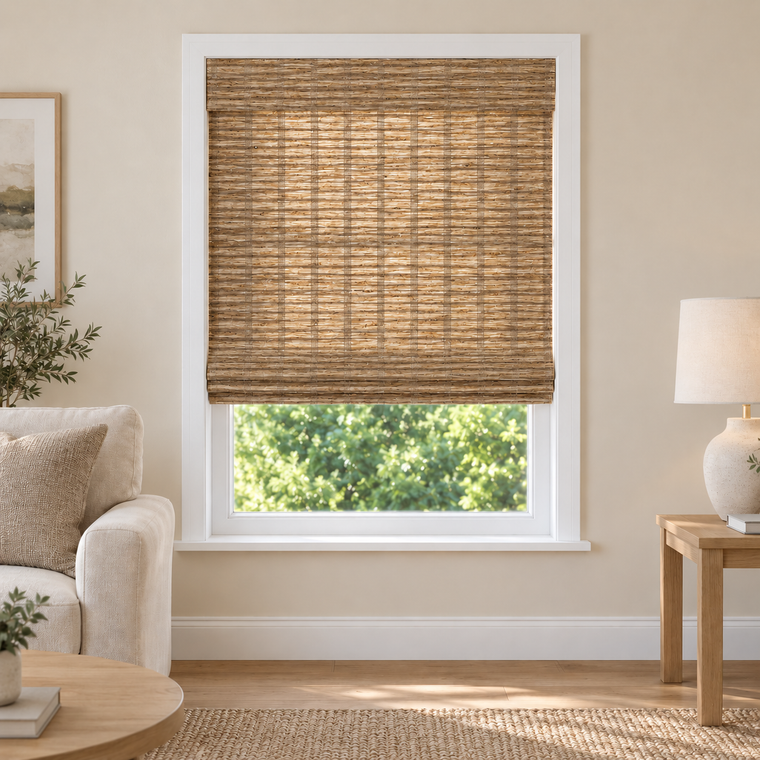 Solenne Edit H111 woven shade in a furnished American living room