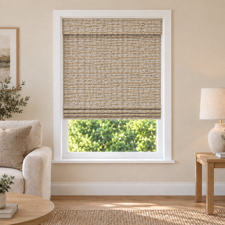Solenne Edit H115 woven shade in a furnished American living room