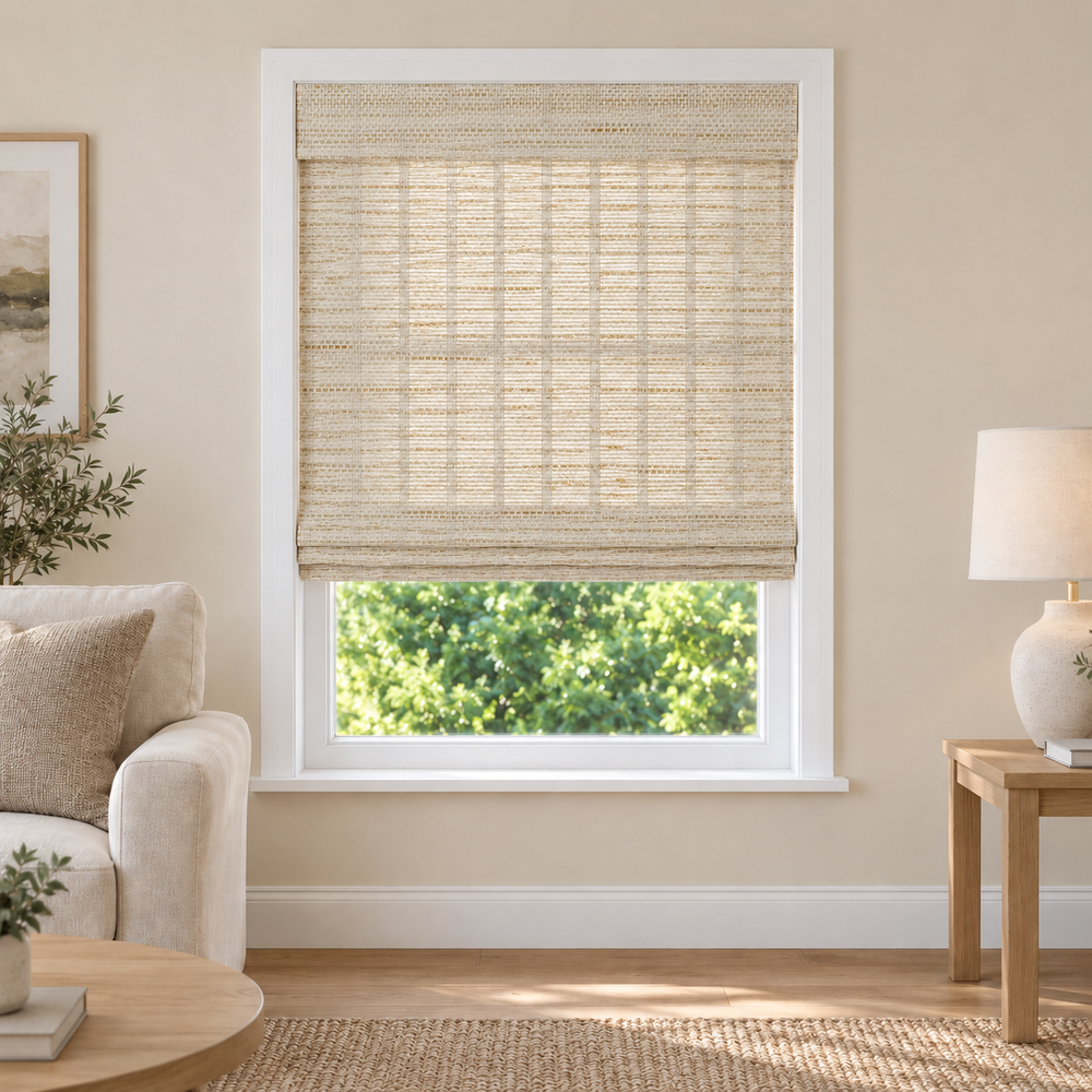 Tessora Edit JU01 woven shade in a furnished American living room