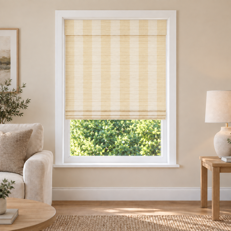 Fredesigner Tessora Reed RS4081 woven shade in a furnished American living room