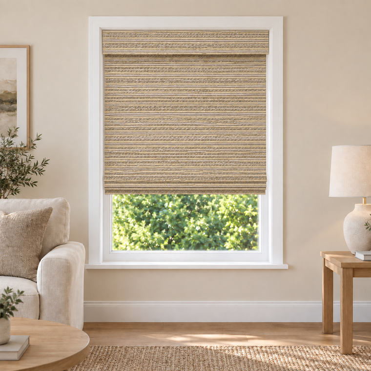 Velune Edit W071 woven shade in a furnished American living room