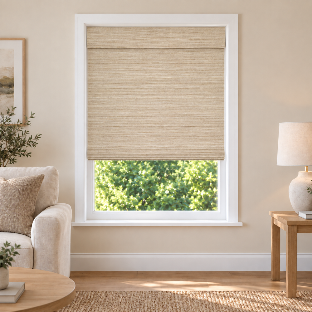 Velune Edit W0711 woven shade in a furnished American living room