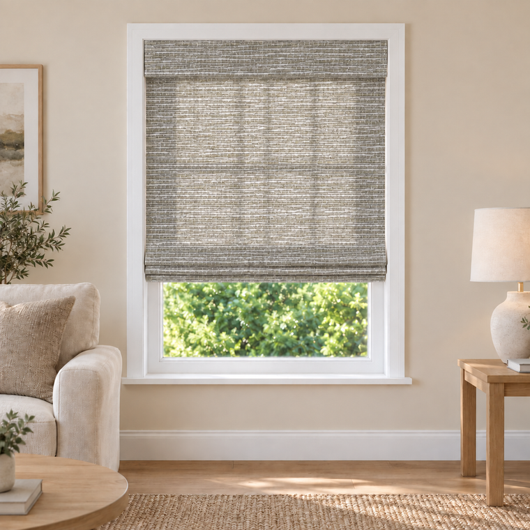 Velune Edit W075 woven shade in a furnished American living room