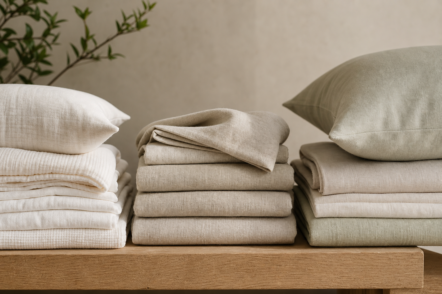 Natural bedding materials in linen cotton and muslin