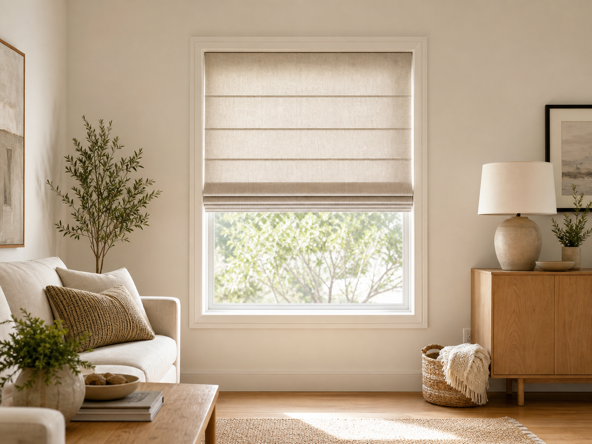 Neutral fabric Roman shade centered in a bright living room window