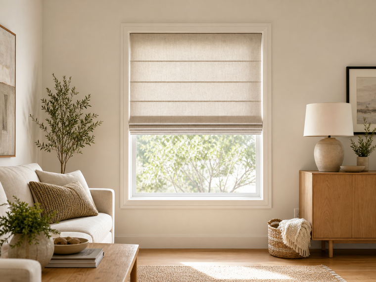 Neutral fabric Roman shade centered in a bright living room window