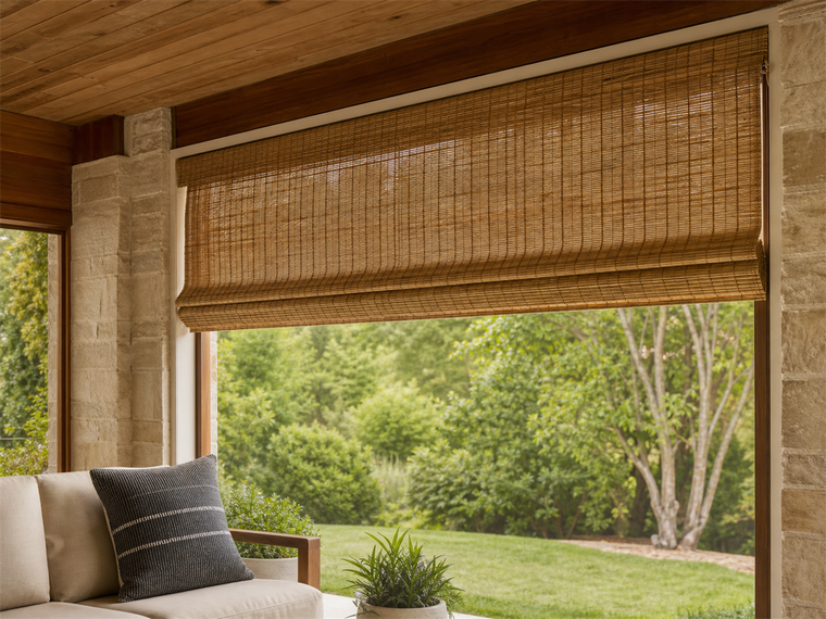 Woven bamboo Roman shade across a covered patio opening with outdoor seating and warm daylight