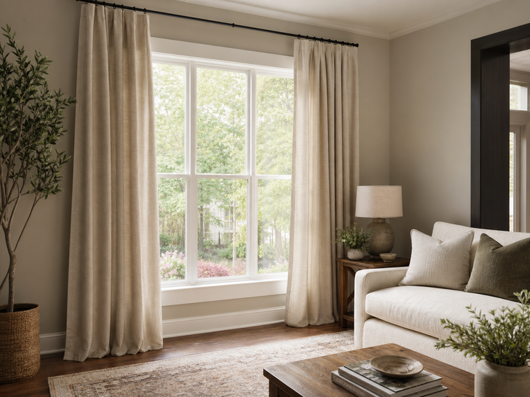 Neutral floor-length curtains framing a large sunlit living room window