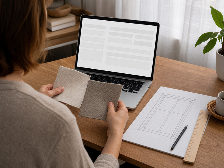 Shopper reviewing curtain fabric, measuring notes, and an online custom order form