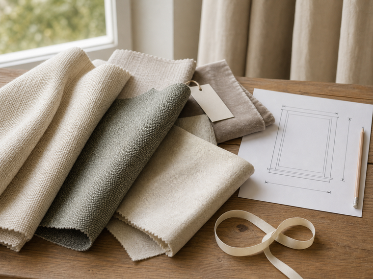 Close-up curtain fabric samples with varied weaves beside blank hang tags and a window sketch