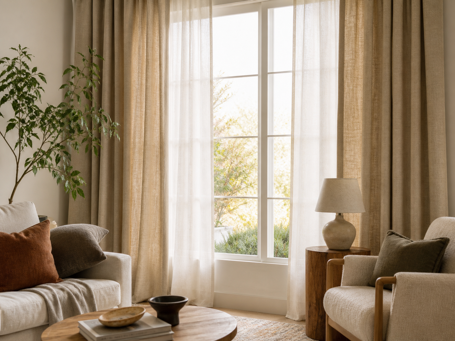 Warm neutral curtains framing a bright contemporary living room