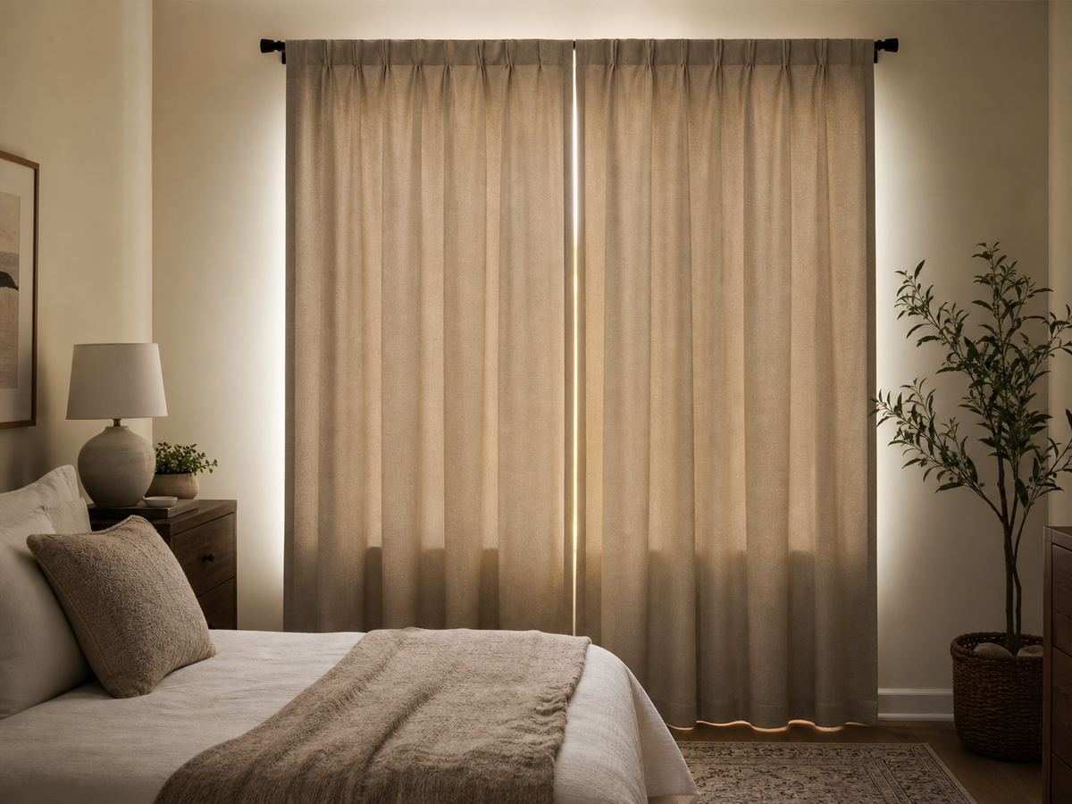 Closed neutral curtains in a bedroom with daylight visible around the edges and center