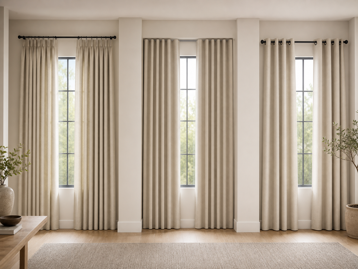 Three modern curtain header styles shown with neutral lined panels in contemporary rooms