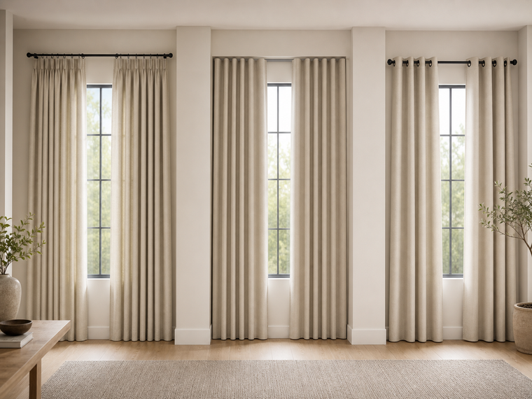 Three modern curtain header styles shown with neutral lined panels in contemporary rooms