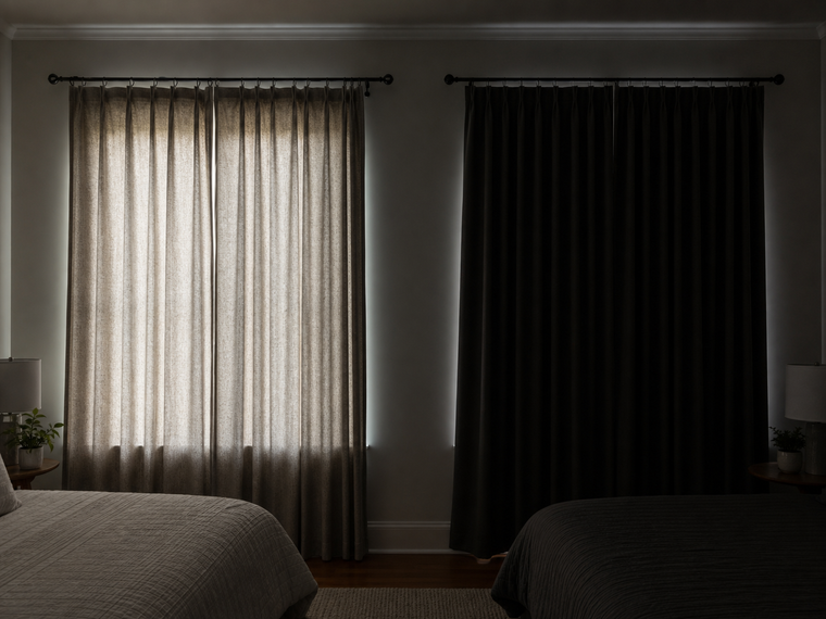 Two bedroom windows comparing light through room-darkening curtains with darker blackout curtains