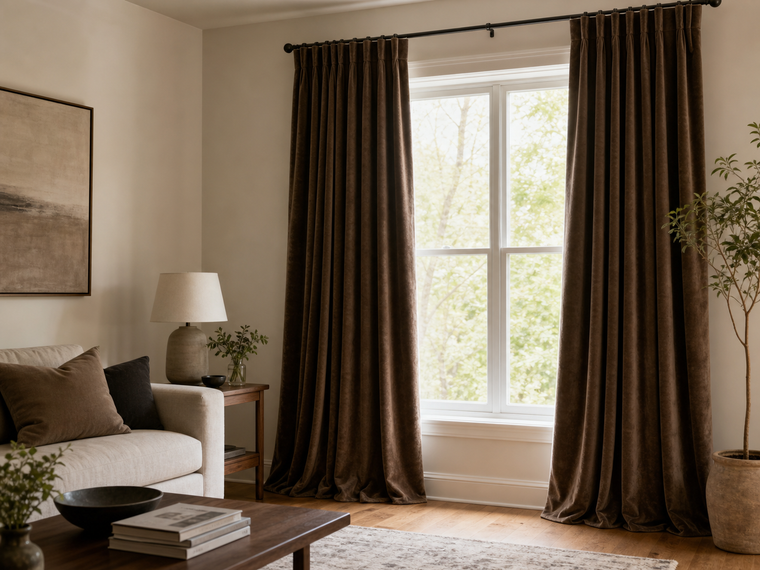 Deep neutral velvet curtains beside a bright living room window