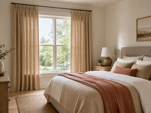 Neutral bedroom with warm beige curtains, layered bedding, and natural daylight