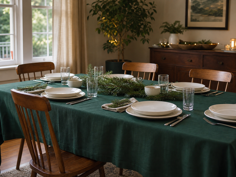 Green holiday tablecloth set with white dinnerware and simple evergreen branches