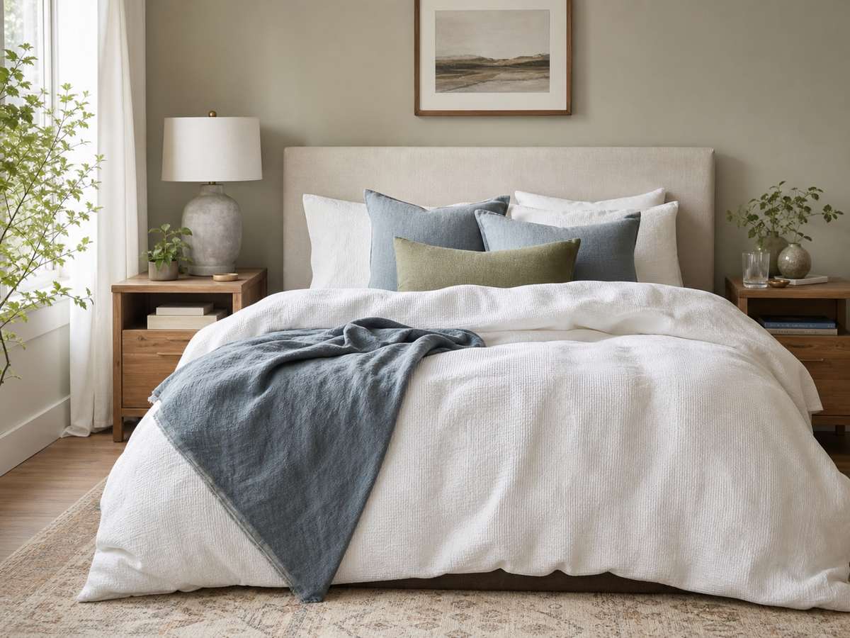 White duvet cover styled with warm wood, muted blue, and soft green bedroom accents