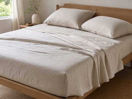 Layered natural linen sheets and pillowcases on a sunlit wood bed