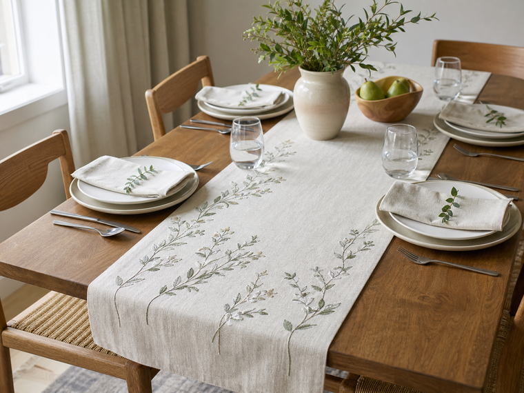 Embroidered table runner and coordinating place settings on a warm wood dining table