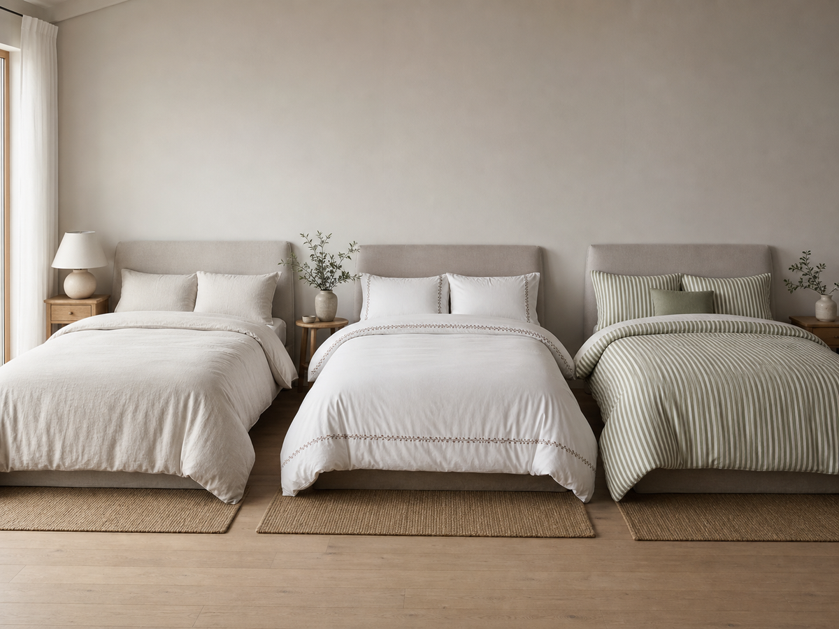 Three duvet cover styles arranged in neutral, embroidered, and green stripe bedrooms