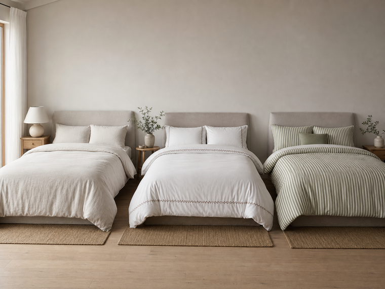 Three duvet cover styles arranged in neutral, embroidered, and green stripe bedrooms