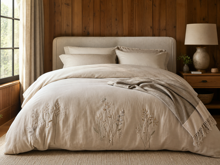Light beige bedding with restrained botanical embroidery in a warm wood bedroom