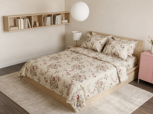 Cream floral bedding with layered pillows on a light wood bed in a neutral room