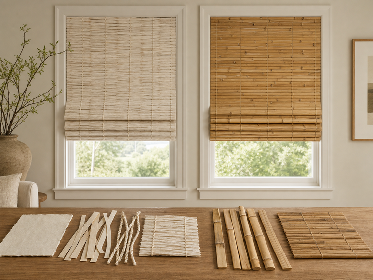 Pale paper-blend Roman shade beside a natural bamboo Roman shade with matching material samples
