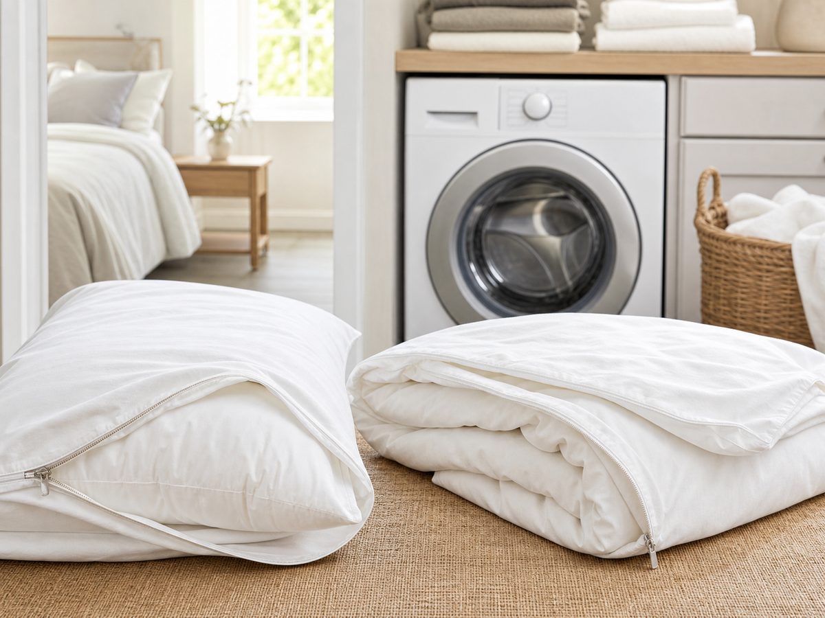 Zippered pillow and duvet encasements arranged in front of a washing machine