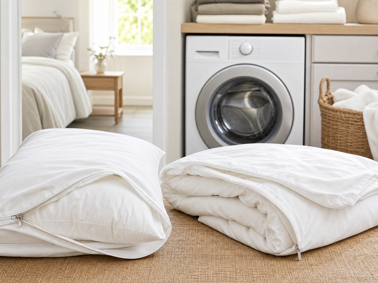 Zippered pillow and duvet encasements arranged in front of a washing machine