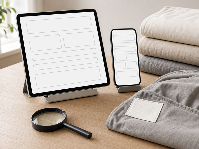 Blank certificate-verification forms on a tablet and phone beside unmarked bedding and a magnifying glass