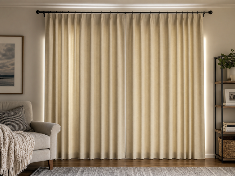 Closed full-length neutral curtains with daylight visible at the side and center gaps